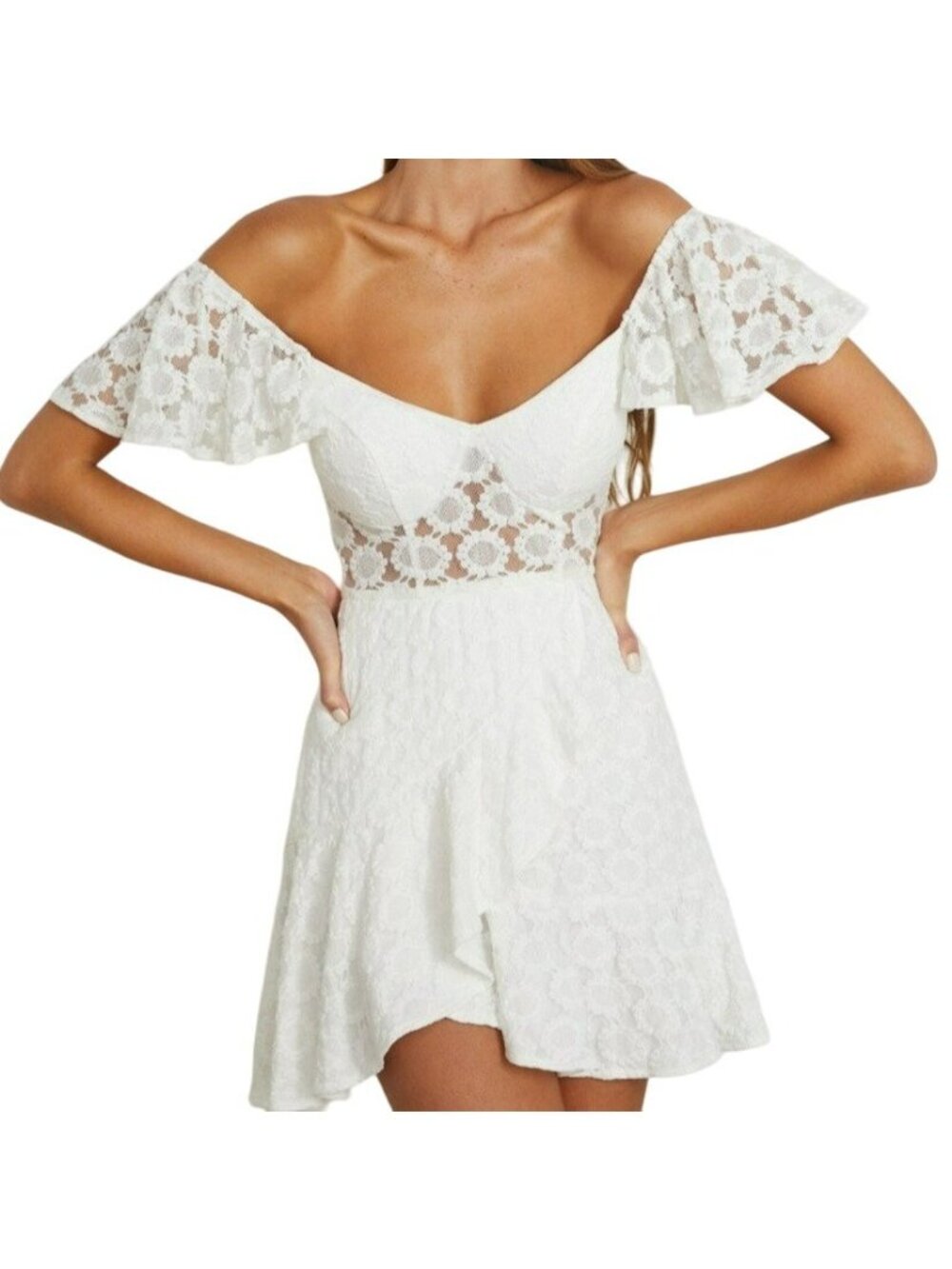 Flirty Daisy Floral Flutter Sleeve A-Line Boho Mini Dress White Size Large NWT